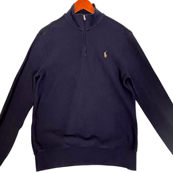 Polo Ralph Lauren 1/4 Zip Sweater Mens Medium Blue Classic Flesh Pony Preppy - Picture 1 of 10